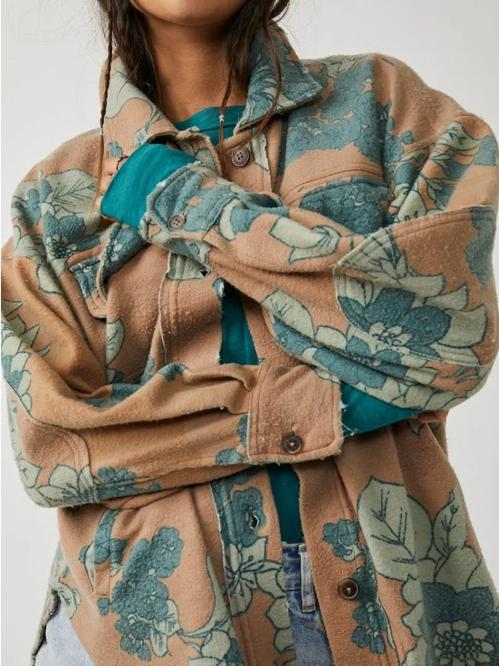 Free People Floral Teddy Shacket - Tan & Teal